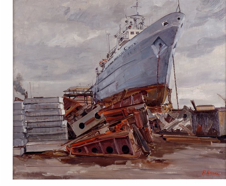 Ship on shipyard 1967 oil on canvas 85x100